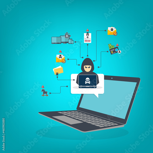 Hacker with laptop computer stealing confidential data, personal information and credit card detail. Hacking concept.	
