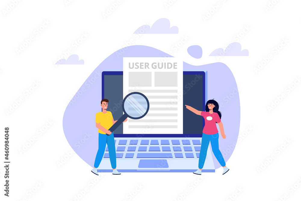 User manual flat style concept. People with guide instruction are discussing about content of handbook. Vector illustration. User manual flat style concept. People with guide instruction are discussing about content of handbook. Vector illustration.