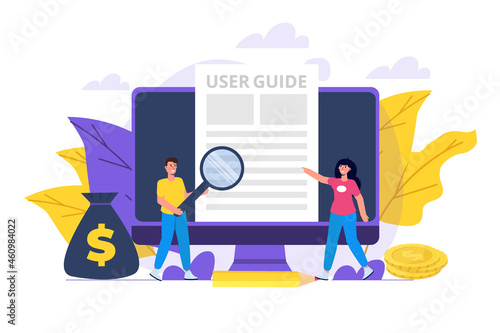 User manual  flat style concept. People with guide instruction are discussing about content of handbook. Vector illustration.