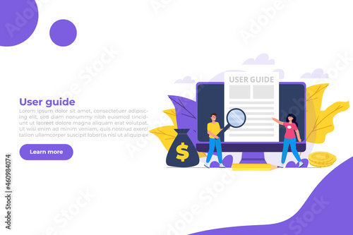 User manual  flat style concept. People with guide instruction are discussing about content of handbook. Vector illustration.