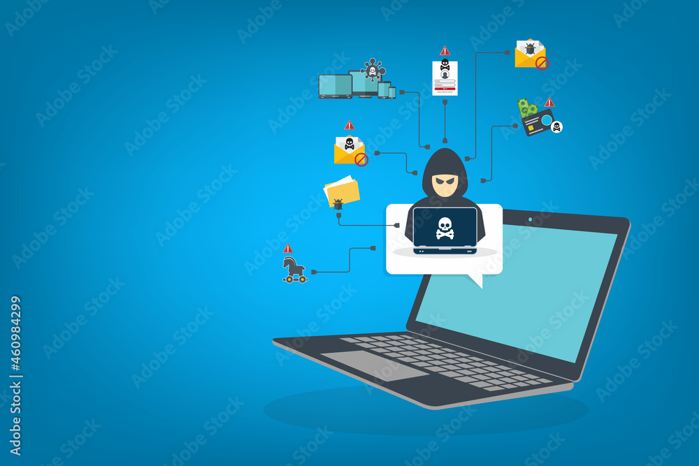 Hacker with laptop computer stealing confidential data, personal information and credit card detail. Hacking concept. Hacker with laptop computer stealing confidential data, personal information and credit card detail. Hacking concept.