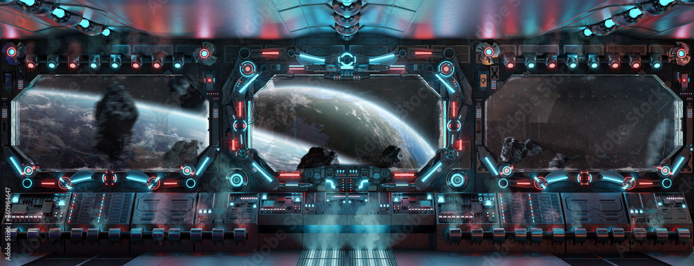 Dark spaceship interior with glowing blue and red lights. Futuristic spacecraft with large window view on planets in space. 3D rendering - obrazy, fototapety, plakaty 