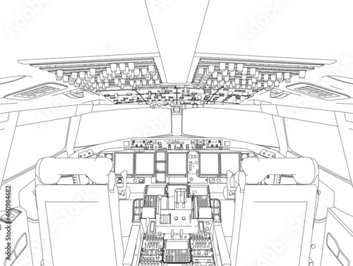 The contour of the aircraft cockpit from the inside from black lines isolated on a white background. Vector illustration