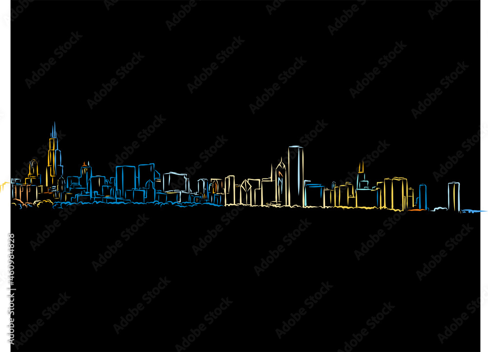 Colorful Chicago Skyline Drawing on black