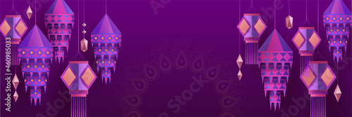 Group of paper graphic Indian lantern on Indian festive theme big banner background. The Festival of Lights. photo
