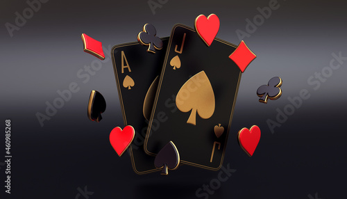 casino cards poker blackjack baccarat  Black And Red Ace Symbols With Golden Metal 3d render 3d rendering illustration 