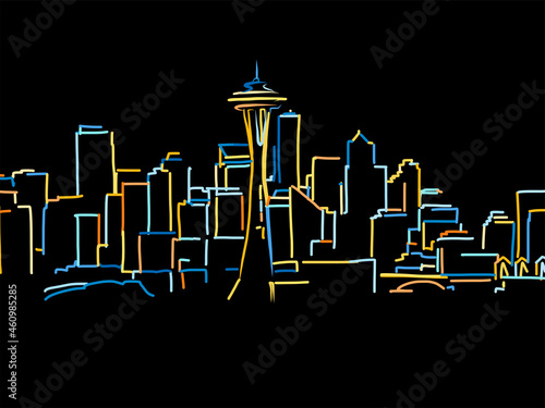 Colorful Seattle Panorama Drawing on black