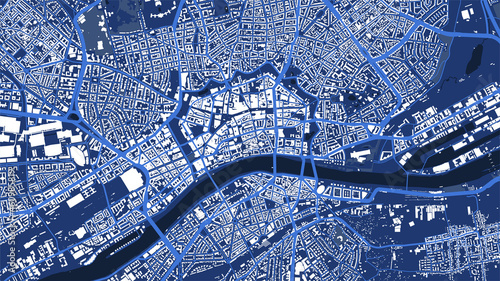 Detailed blue map poster of Frankfurt am Main city, linear print map. Skyline urban panorama.