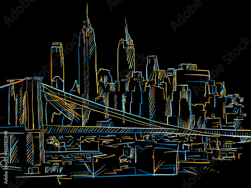 Colorful Manhattan and Brooklyn Bridge Drawing on black