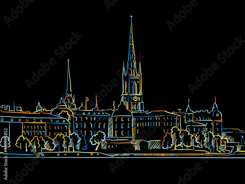 Colorful Stockholm Panorama Drawing on black