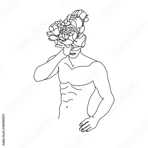 Man face with flowers . Abstract face with flowers  by one line drawing. Portrait minimalistic style. Botanical print. Nature symbol of cosmetics. Muscular Man Back Art.