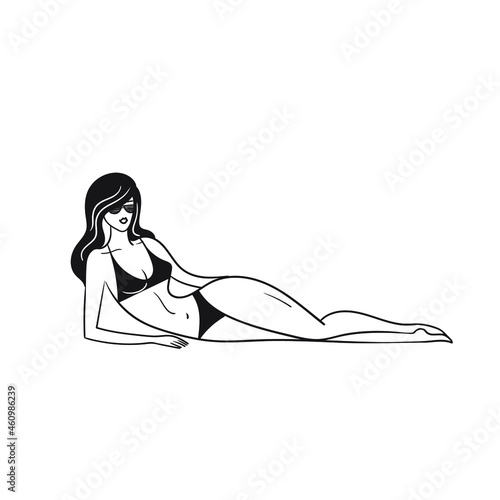 Hand drawing beautiful woman in a swimsuit lies on the beach. Vacation and travel concept Stock vector illustration isolated on white background.
