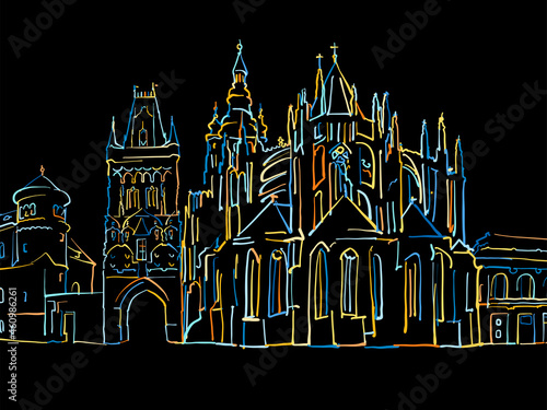 Colorful Prague Czech Republic Panorama Drawing on black