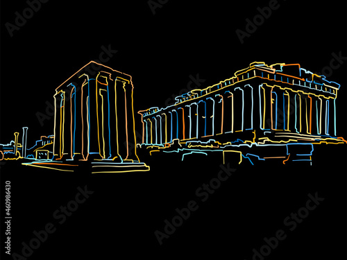 Colorful Athens Greece Drawing on black