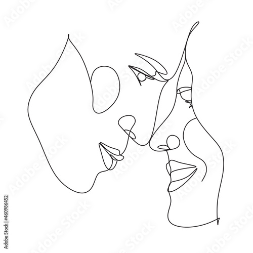 One Line Art Couple, Line Art Men and woman, Minimal Face Vector.  Couple print, Kiss print, Valentines Day Illustration. Love poster. 2 faces. We are one line. 