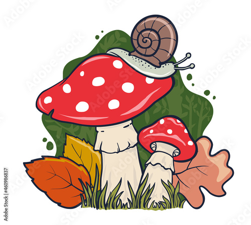 Mushroom and snail cartoon vector drawing with autumn leaves and colors