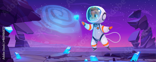 Cute astronaut on alien planet in space. Baby cosmonaut in suit and helmet flying in weightlessness catch glowing crystal on extraterrestrial landscape with rocks around, Cartoon vector illustration