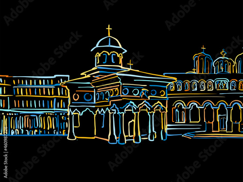 Colorful Bucharest Panorama Drawing on black