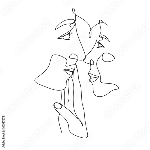 One Line Art Couple, Line Art Men and woman, Minimal Face Vector.  Couple print, Kiss print, Valentines Day Illustration. Love poster. 2 faces. We are one line. 