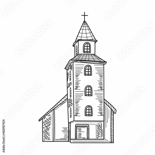 Drawing, engraving, ink, line art, vector illustration architecture church religion concept sketch in silhouette on a white background.
