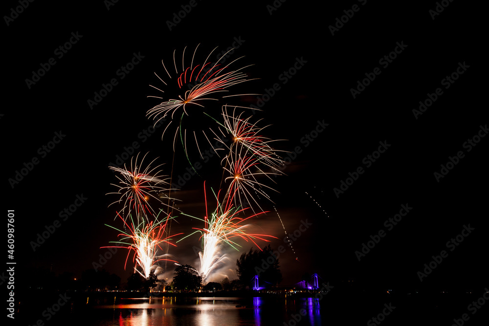 Fireworks with beautiful colorful flowers on a dark sky background.