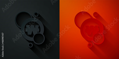 Paper cut South Korean won coin icon isolated on black and red background. South Korea currency business, payment and finance. Paper art style. Vector