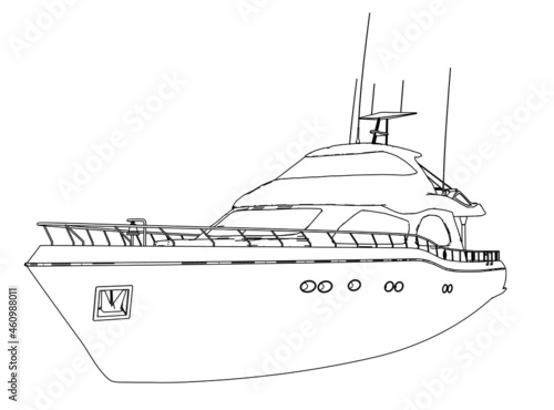 Outline of a yacht from black lines isolated on a white background. Side view. Vector illustration