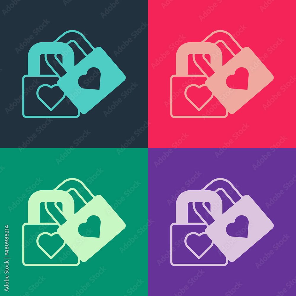 Pop art Lock with heart icon isolated on color background. Locked Heart. Love symbol and keyhole sign. Valentines day symbol. Vector Pop art Lock with heart icon isolated on color background. Locked Heart. Love symbol and keyhole sign. Valentines day symbol. Vector