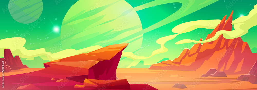 Mars landscape, alien planet background, red desert surface with mountains, saturn and stars shine on green sky. Martian extraterrestrial computer game scenery backdrop, cartoon vector illustration - obrazy, fototapety, plakaty 