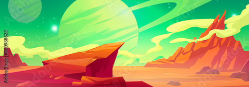 Mars landscape, alien planet background, red desert surface with mountains, saturn and stars shine on green sky. Martian extraterrestrial computer game scenery backdrop, cartoon vector illustration