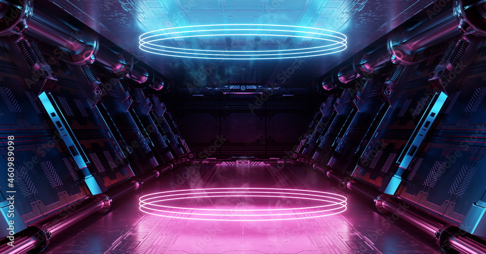 Blue and pink spaceship interior with glowing neon lights podium on the ...