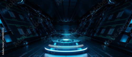 Fototapeta Naklejka Na Ścianę i Meble -  Blue spaceship interior with projector. Futuristic corridor in space station with glowing neon lights background. 3d rendering
