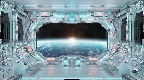 Fototapeta Naklejka Na Ścianę i Meble -  White spaceship interior with glowing blue and red lights. Futuristic spacecraft with large window view on planet Earth. 3D rendering