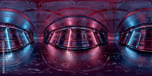 Fototapeta Naklejka Na Ścianę i Meble -  HDRI panoramic view of dark blue pink spaceship interior. High resolution 360 degrees panorama reflection mapping of a futuristic spacecraft 3D rendering