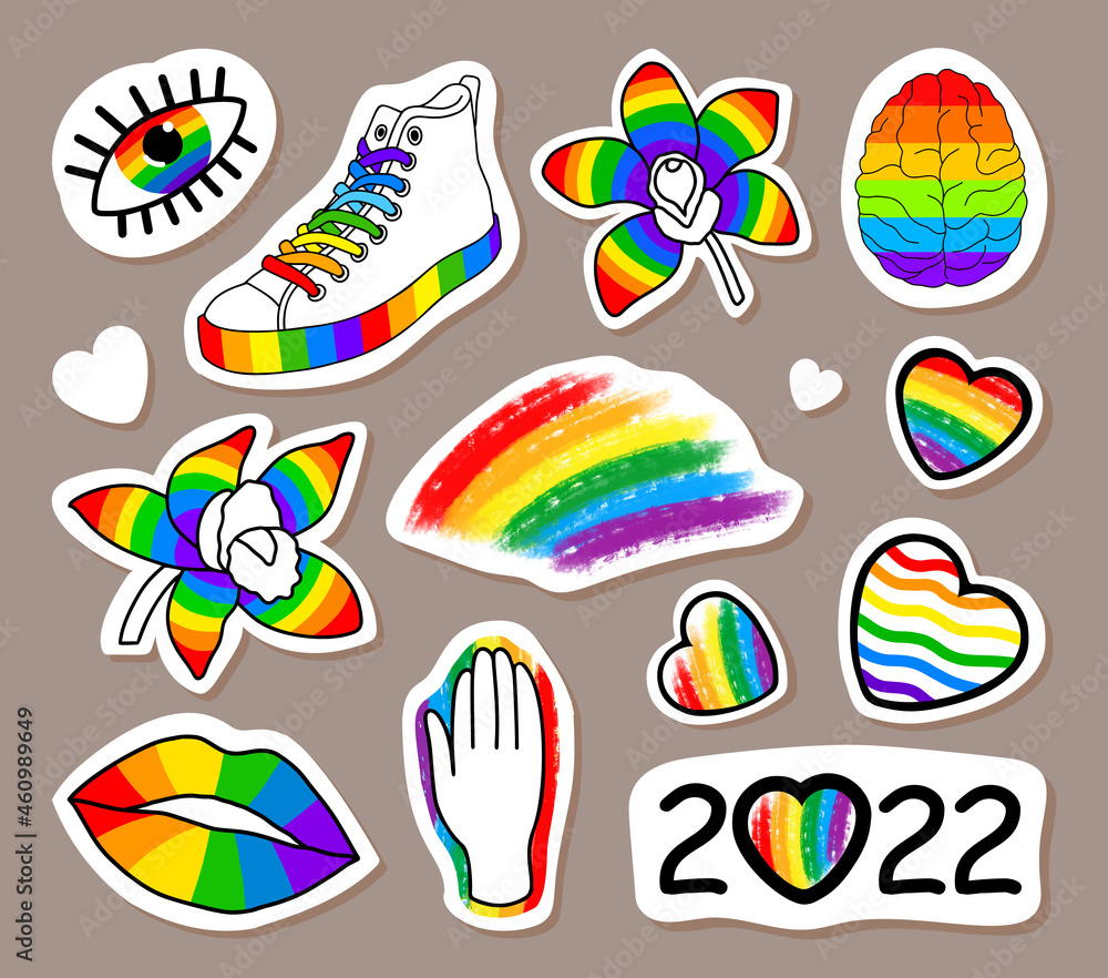big set of lgbt stickers. colorful design of elements and symbols. vector hand drawn illustration for pride month. flowers, rainbow-colored brain, eyes, sneakers, hearts..