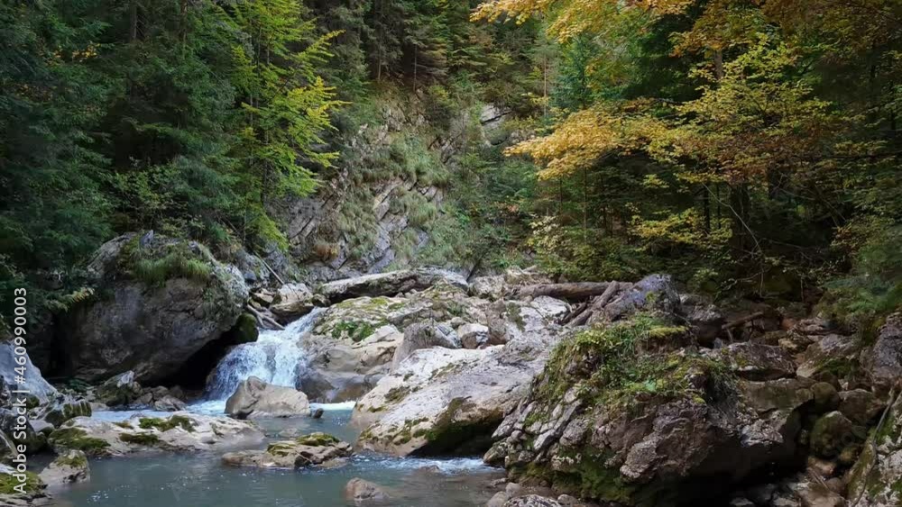 Beautiful autumn scene in the moutnains with waterfall and yellow leaves tree Beautiful autumn scene in the moutnains with waterfall and yellow leaves tree