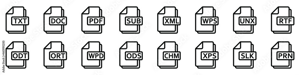 Text file formats icon. Set of line icons of different text documents ...