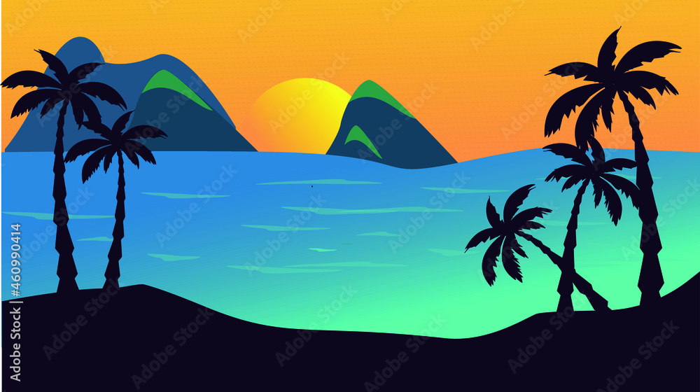 beach and palm trees. illustration of the sea, postcard.