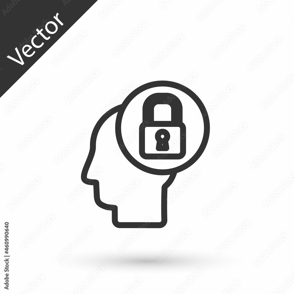 Grey line Human head with lock icon isolated on white background. Vector Illustration Grey line Human head with lock icon isolated on white background. Vector Illustration