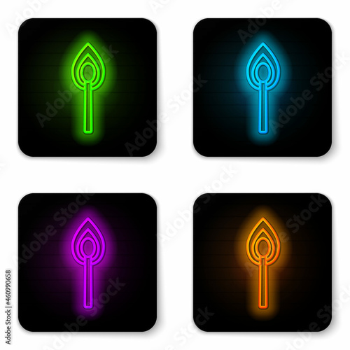 Glowing neon line Burning match with fire icon isolated on white background. Match with fire. Matches sign. Black square button. Vector Illustration