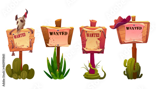 Wanted signs or banners, wild west announcement on parchment hang on wooden board with cowboy hat, animal skull, snake and cacti on wood poles. Western billboard for criminal search Cartoon vector set
