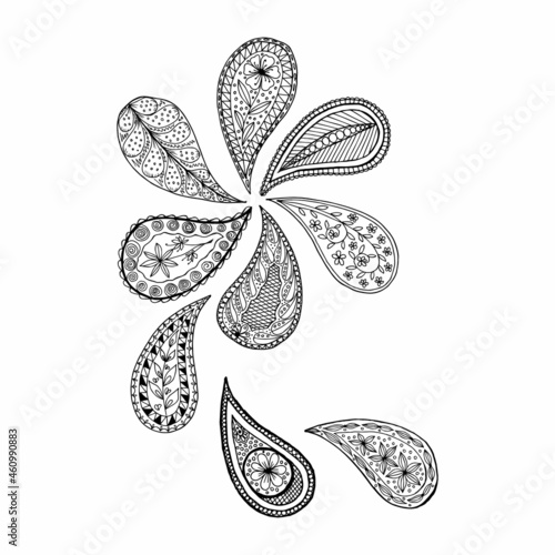 Composition of paisley doodle elements, simple hand drawing, black and white vector image