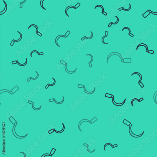 Black line Sickle icon isolated seamless pattern on green background. Reaping hook sign. Vector
