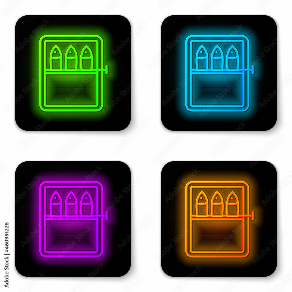 Glowing neon line Canned fish icon isolated on white background. Black square button. Vector. Glowing neon line Canned fish icon isolated on white background. Black square button. Vector.