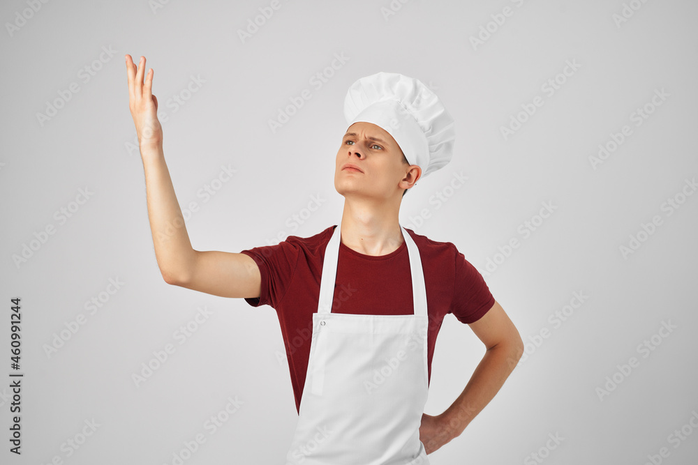 male chef in white apron emotion kitchen professional male chef in white apron emotion kitchen professional