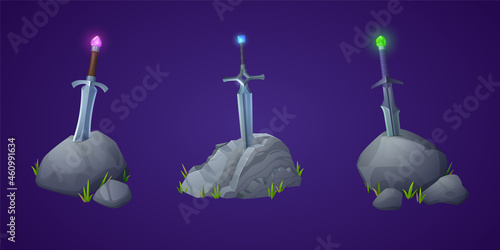 Sword in stone, Arthur king excalibur weapon stuck in rock, game design elements with medieval or magic steel blade with gem stone on handle, camelot legend or myth, Cartoon vector illustration, set photo
