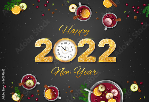 Fototapeta Naklejka Na Ścianę i Meble -  2022 Merry Christmas and Happy New Year Greeting Background. Winter traditional drink punch in a bowl and cups, oranges, apples, spices, cardamom, cinnamon, anise, berries on a black table. 