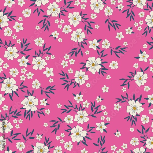 Seamless vintage pattern. Wonderful white flowers  dark blue leaves on a bright pink background. vector texture. trend print for textiles and wallpaper.