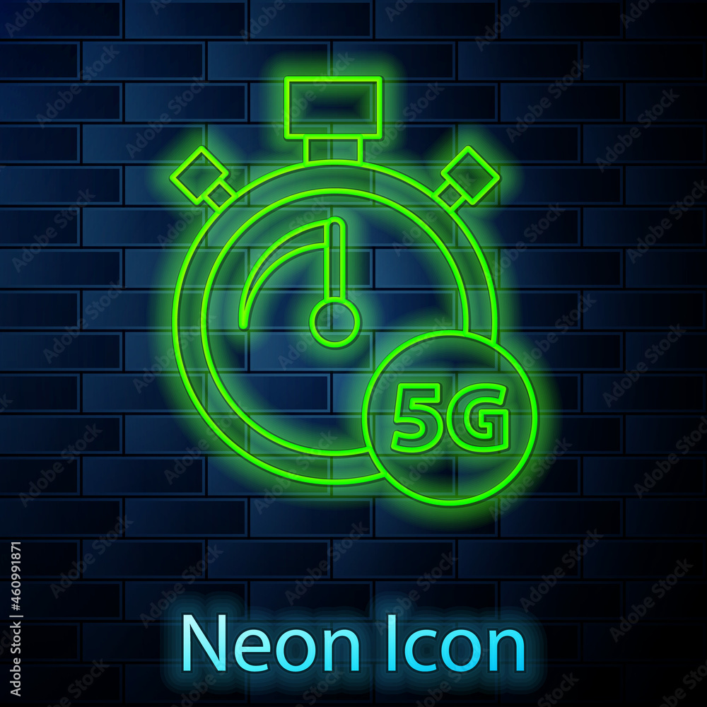 Glowing neon line Digital speed meter concept with 5G icon isolated on brick wall background. Global network high speed connection data rate technology. Vector Glowing neon line Digital speed meter concept with 5G icon isolated on brick wall background. Global network high speed connection data rate technology. Vector