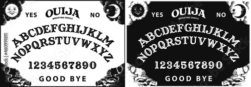 Graphic template inspired by Ouija Board. Black and white symbols of moon ,sun, texts and alphabet. Gothic typography. Ghosts and demons calling game. photo